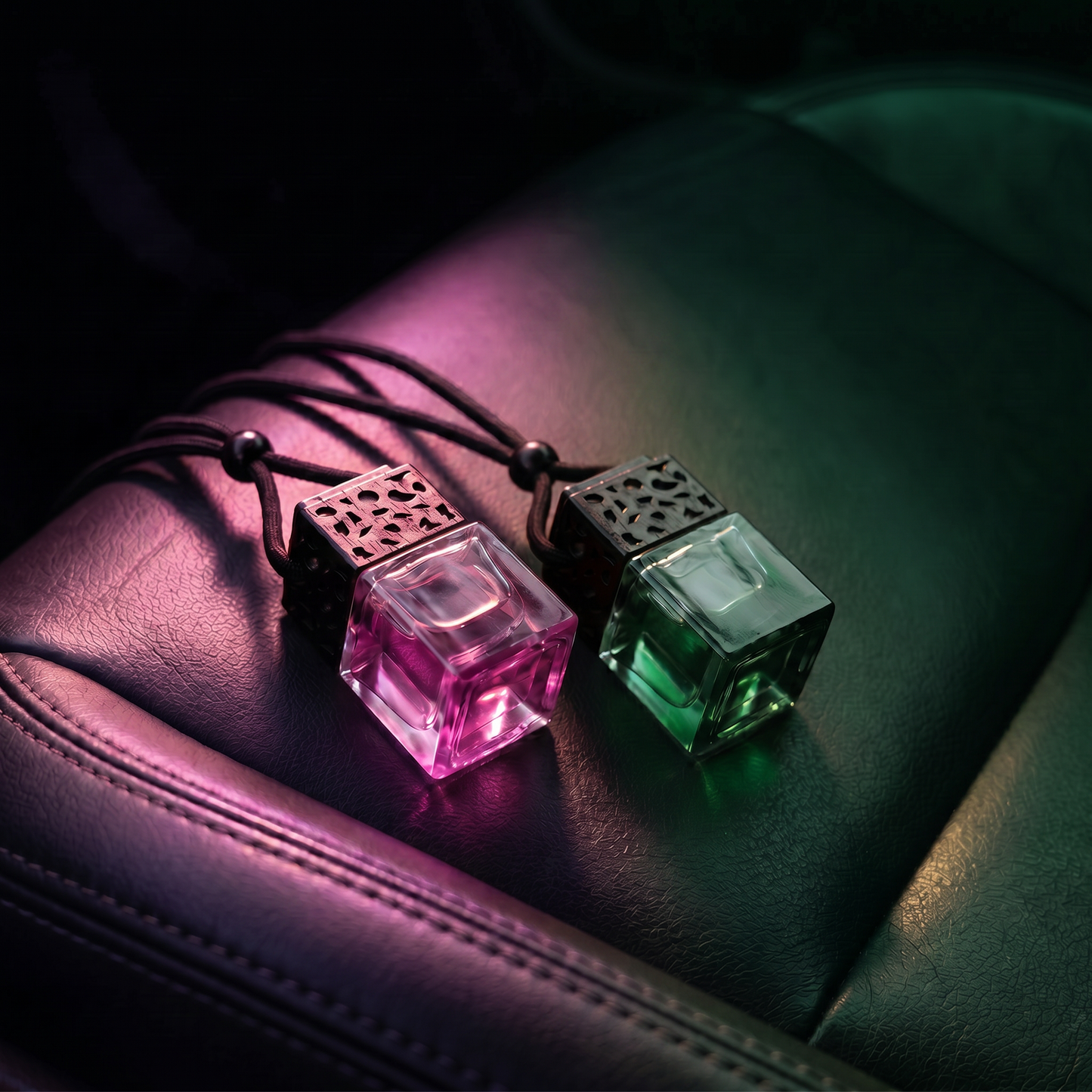 Fruit Blend diffuser duo — Lavender and Peach hanging car diffusers on black leather