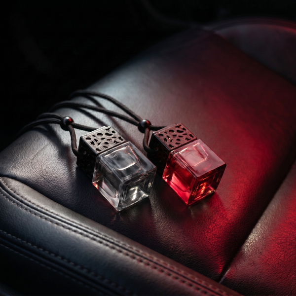 Fruit Bomb diffuser duo — Peach and Cherry hanging car diffusers on black leather