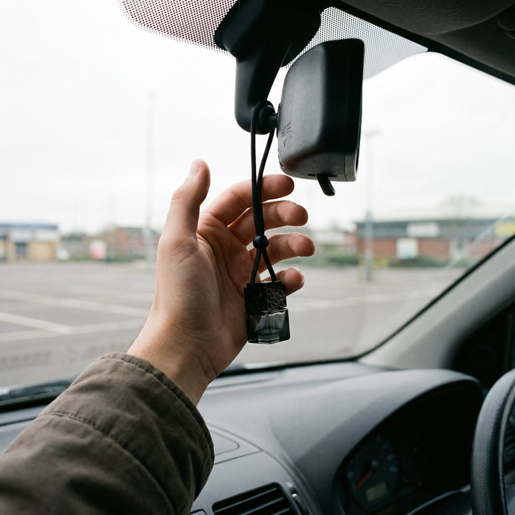 Hanging the FRESURE Signature Diffuser on a rear-view mirror