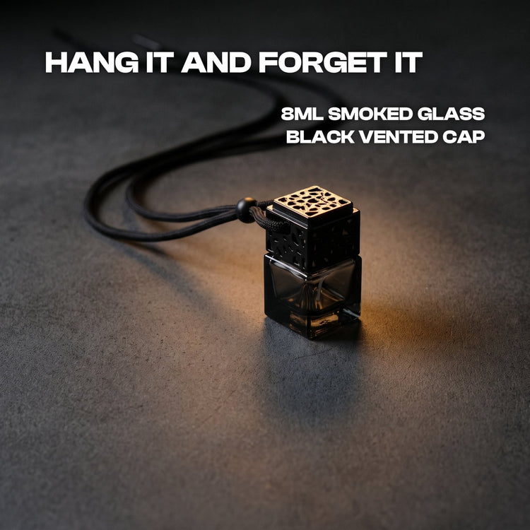 Hang it and forget it: 8ml smoked glass, black vented cap