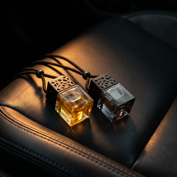 Sweet Eclipse diffuser duo — Vanilla and Dark Elixir hanging car diffusers on black leather