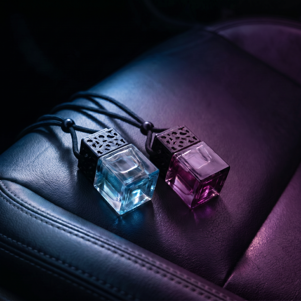 Ultra Violet diffuser duo — Jasmine and Lavender hanging car diffusers on black leather